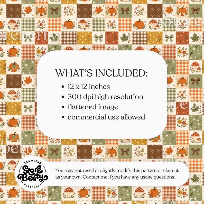 May include: A digital pattern featuring a grid of squares with autumn motifs including orange pumpkins, red mushrooms, brown bows, and maple leaves in shades of orange, green, and brown. Text includes WHAT'S INCLUDED: 12 x 12 inches, 300 dpi.