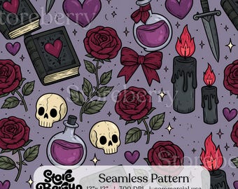 Dark Romance Seamless Pattern, Gothic Skull Rose Bookish Digital Paper,  Valentine Fabric Wallpaper Design