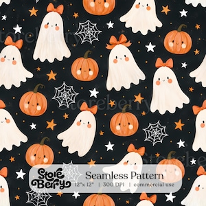 Puede incluir: Un patrón continuo sobre fondo negro con fantasmas blancos con lazos naranjas, calabazas naranjas con caras sonrientes, telarañas blancas y estrellas naranjas y blancas. El texto dice Storeberry Seamless Pattern 12" x 12" 300 DPI.