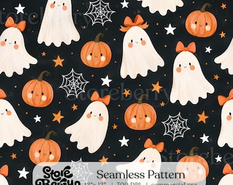 Nahtloses Halloween-Geister-Kürbis-Muster, Kawaii-Grusel-Digitalpapier, Stoffdesign, Digitaler Download