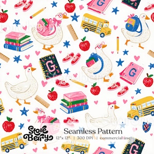May include: A seamless pattern featuring white geese with pink bows or glasses, yellow school buses, red apples, stacks of colorful books, pink notebooks with the letter G, red sneakers, wooden rulers, yellow pencils, and blue stars on a white background.