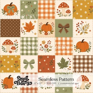 Könnte beinhalten: Ein digitales nahtloses Muster mit einem Raster aus Quadraten, das herbstliche Illustrationen wie orangefarbene Kürbisse, rote Pilze, braune Schleifen, Ahornblätter, Beeren und florale Motive auf karierten, gepunkteten und einfarbigen Hintergründen zeigt.