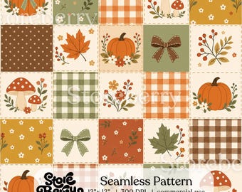 Fall Pumpkin Patchwork Seamless Pattern, Cozy Autumn Quilt Inspired Digital Paper for Crafts projects