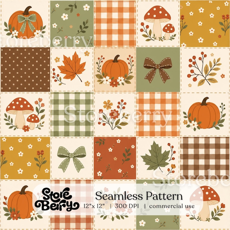May include: A digital seamless pattern featuring a grid of squares with autumn-themed illustrations including orange pumpkins, red mushrooms, brown bows, maple leaves, berries, and floral motifs on checkered, polka dot, and solid backgrounds.