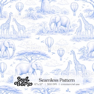 Blue Toile Safari Seamless Pattern, French Toile De Jouy Digital Paper, Giraffe Elephant Fabric