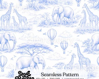 Blue Toile Safari Seamless Pattern, French Toile De Jouy Digital Paper, Giraffe Elephant Fabric