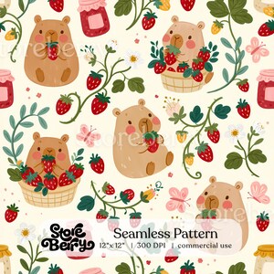 Puede incluir: Un patrón continuo con osos de color marrón claro comiendo fresas rojas, tarros de mermelada, enredaderas verdes, flores blancas y mariposas rosas sobre un fondo crema. El texto dice: Storeberry Seamless Pattern 12" x 12" | 300 DPI | commercial use.