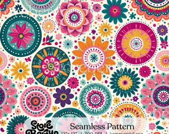 Retro Floral Mandala Seamless Pattern, Colorful Preppy Floral Digital Paper, Fabric Wallpaper Scrapbook