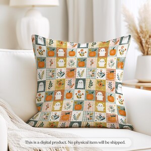 Cozy watercolor patchwork with friendly ghosts, pumpkins, gingham squares, wildflowers, and autumn foliage.