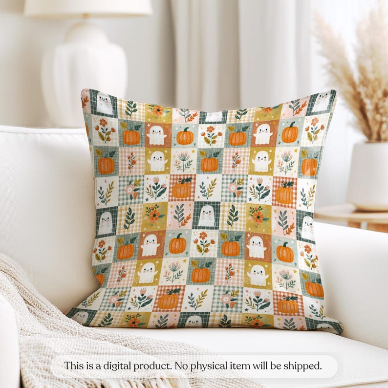 Cozy watercolor patchwork with friendly ghosts, pumpkins, gingham squares, wildflowers, and autumn foliage.