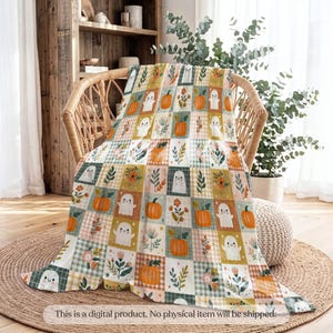 Cozy watercolor patchwork with friendly ghosts, pumpkins, gingham squares, wildflowers, and autumn foliage.
