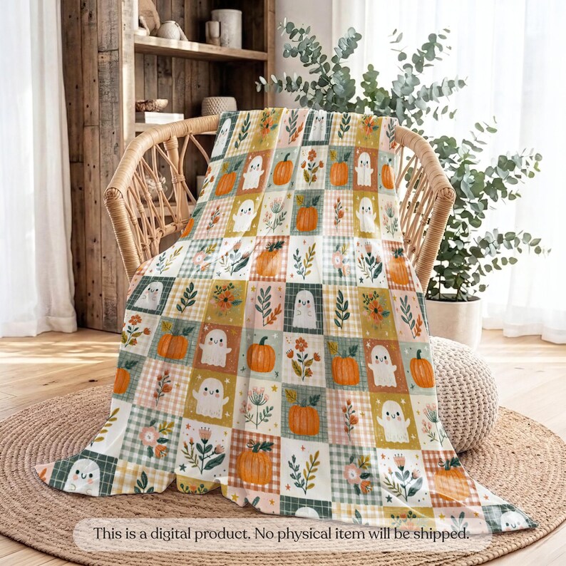 Cozy watercolor patchwork with friendly ghosts, pumpkins, gingham squares, wildflowers, and autumn foliage.
