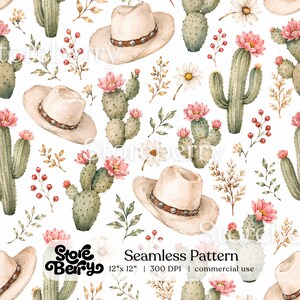 Pode incluir: Um padrão contínuo com ilustrações em aguarela de chapéus de cowboy bege com faixas cravejadas, catos verdes com flores cor-de-rosa, margaridas brancas e ramos de bagas vermelhas num fundo branco. O texto Storeberry 12 x 12 300 DPI é visível.