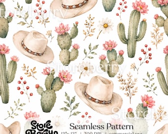 Cowgirl Cactus Floral Seamless Pattern, Watercolor Western Digital Paper for Fabric and Nursery Decor