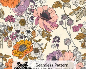 Hand Drawn Floral Seamless Pattern, Bold Botanical Flower Print, Abstract Floral Digital Paper