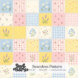 Pastellblumen-Patchwork-nahtlose Muster, Ditsy Frühling Blumenstoff, Preppy Quilt Digital Papier