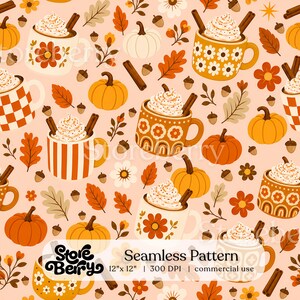 May include: A seamless pattern featuring mugs of hot beverages topped with whipped cream and cinnamon sticks, interspersed with orange pumpkins, brown acorns, autumn leaves, and small flowers on a light peach background with 30 cm by 30 cm text.
