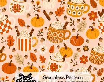 Nahtloses Muster „Pumpkin Spice Latte“, gemütliches Herbst-Scrapbook-Papier, Herbststoffmuster, digitaler Download