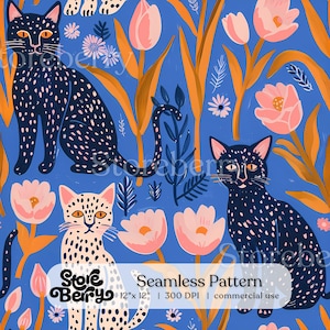 May include: A seamless pattern featuring dark blue cats with white spots and a light-coloured cat with dark spots, interspersed with pink tulips and orange stems on a blue background. The text Storeberry Seamless Pattern 12" x 12" 300 DPI is visible.
