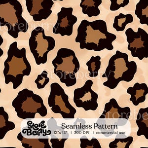 May include: A seamless leopard print pattern featuring dark brown and tan spots on a light beige background. A white rectangular label at the bottom displays the text Storeberry Seamless Pattern 12" x 12" | 300 DPI | commercial use.