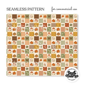 May include: A seamless pattern featuring a grid of squares with autumn-themed illustrations including orange pumpkins, mushrooms, maple leaves, small flowers, and bows, set against various backgrounds of brown, green, and orange checkered or polka dot prints.
