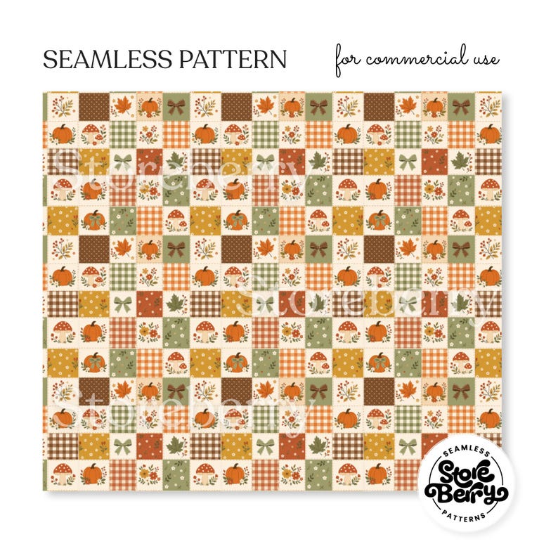 May include: A seamless pattern featuring a grid of squares with autumn-themed illustrations including orange pumpkins, mushrooms, maple leaves, small flowers, and bows, set against various backgrounds of brown, green, and orange checkered or polka dot prints.