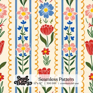 May include: A seamless pattern featuring vertical stripes of blue lines and orange wavy lines on a cream background. The design includes illustrations of pink, blue, and red flowers with green stems and leaves. Text reads Storeberry Seamless Pattern 12"x12" 300 DPI commercial use.