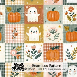 May include: A seamless pattern featuring a grid of squares with illustrations of white ghosts, orange pumpkins, and various floral sprigs. The background alternates between solid colors and checkered patterns in shades of orange, green, and cream.