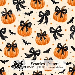 May include: A seamless pattern featuring orange pumpkins topped with black bows, black bats, and small orange stars on a cream background. The image includes text that reads: Storeberry Seamless Pattern 12" x 12" | 300 DPI | commercial use.