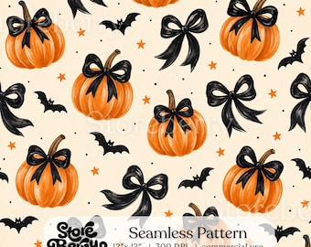 Halloween Coquette Pumpkin Seamless Pattern, Boho Bows Bats Digital Paper Fabric Pattern, Digital Download