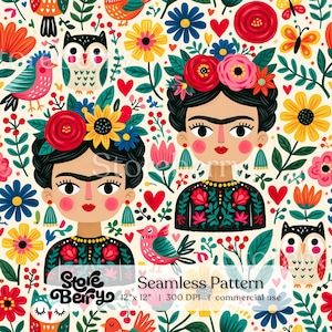 Puede incluir: Un patrón continuo con ilustraciones de una mujer de cabello oscuro, corona floral y top negro bordado, intercalado con pájaros coloridos, búhos, mariposas, corazones y varias flores sobre un fondo de color crema.