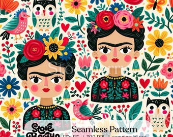 Mexican Folk Floral Seamless Pattern, Talavera Digital Paper Colorful Preppy Floral Fabric Wallpaper