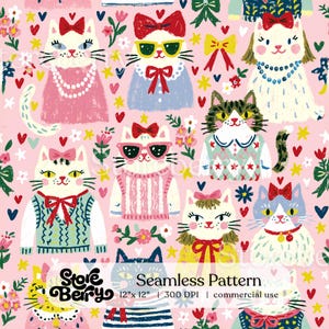 May include: A seamless pattern on a pink background featuring various illustrated cats wearing jumpers, bows, and sunglasses, interspersed with small hearts, stars, and flowers. The text Storeberry Seamless Pattern 12" x 12" 300 DPI is visible.