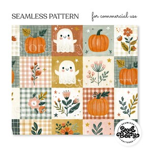 Cozy watercolor patchwork with friendly ghosts, pumpkins, gingham squares, wildflowers, and autumn foliage.