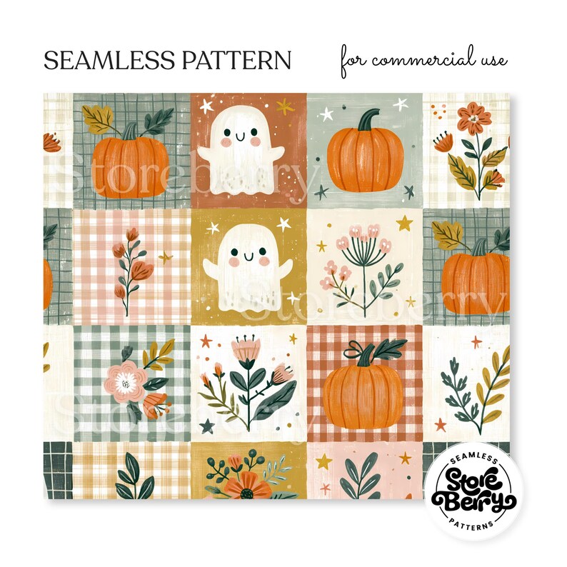 Cozy watercolor patchwork with friendly ghosts, pumpkins, gingham squares, wildflowers, and autumn foliage.