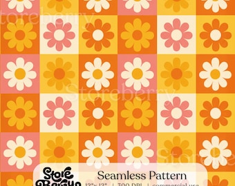 Retro Daisy Checkerboard Seamless Pattern, Groovy Floral Digital Paper for Fabric and Craft Projects