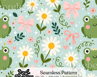 Kawaii Frog Daisy Coquette Seamless Pattern, Digital Paper, Cottagecore Fabric Pattern, Scrapbooking, Digital Download