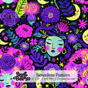 May include: A seamless pattern featuring a stylized face with closed eyes, surrounded by vibrant purple, pink, and lime green flowers, leaves, and yellow crescent moons on a black background. Text reads: Store Berry Seamless Pattern 12"x 12" 300 DPI.