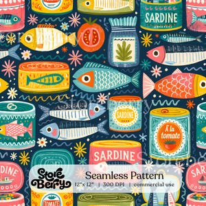 Sardine Tin Can Seamless Pattern, Tinned Fish Digital Paper, Retro Coastal Fabric Print