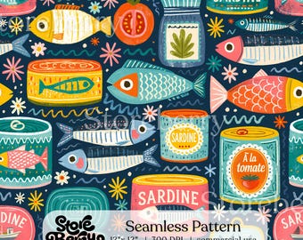 Sardine Tin Can Seamless Pattern, Tinned Fish Digital Paper, Retro Coastal Fabric Print