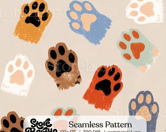 Colorful Paw Print Seamless Pattern, Dog Cat Pet Digital Paper (Commercial Use)