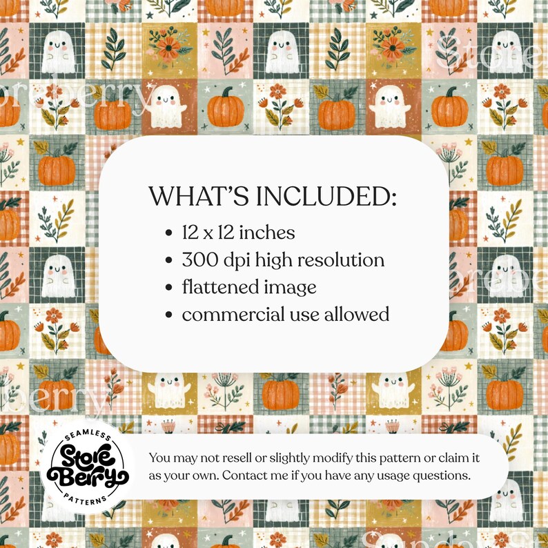 Cozy watercolor patchwork with friendly ghosts, pumpkins, gingham squares, wildflowers, and autumn foliage.