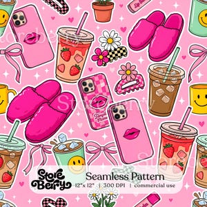 May include: A seamless pattern on a pink background featuring illustrations of pink phone cases with lips, iced strawberry drinks, iced coffee cups, bright pink fuzzy slippers, hair clips with flowers, yellow smiley face mugs, and pink bows.