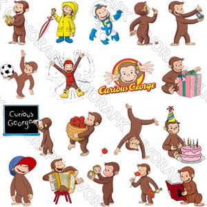 Pacchetto PNG di Curious George / Pacchetto di simpatici personaggi scimmiette per adesivi, Cricut, sublimazione e lavoretti per bambini