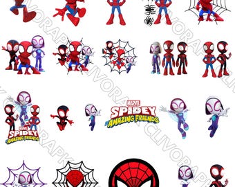 Pacote de PNGs do Homem-Aranha e Seus Incríveis Amigos | 20 PNGs fofos de desenhos animados de super-heróis para adesivos e artesanato