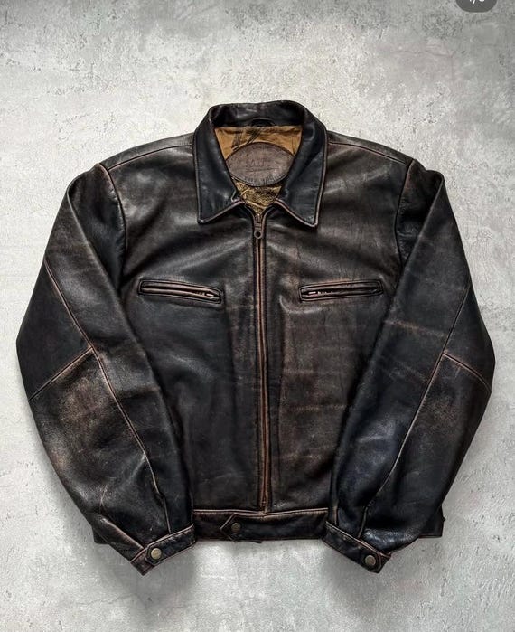Vintage 90's Trapper Indian Motorcycle Jacket  Dark Brown Leather  Patina Finish.