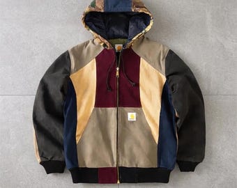 Vintage Carhartt Patchwork Hooded Jacket: Colorblock Streetwear Workwear Hoodie
