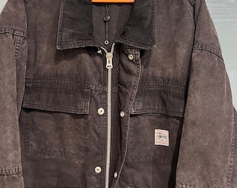 Vintage Stussy Corduroy Washed Canvas Shop Jacket Black XL Y2K Streetwear Corduroy Collar Authentic