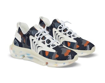 Abstract Camo Pattern Men's Mesh Sneakers | Navy Orange Grey Athletic Shoes