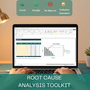 May include: A laptop screen displaying a root cause analysis toolkit with a data table and a Pareto chart. Above the screen, icons indicate compatibility with Excel, Google, No Macros, and Industry Standard. The text reads Root Cause Analysis Toolkit.